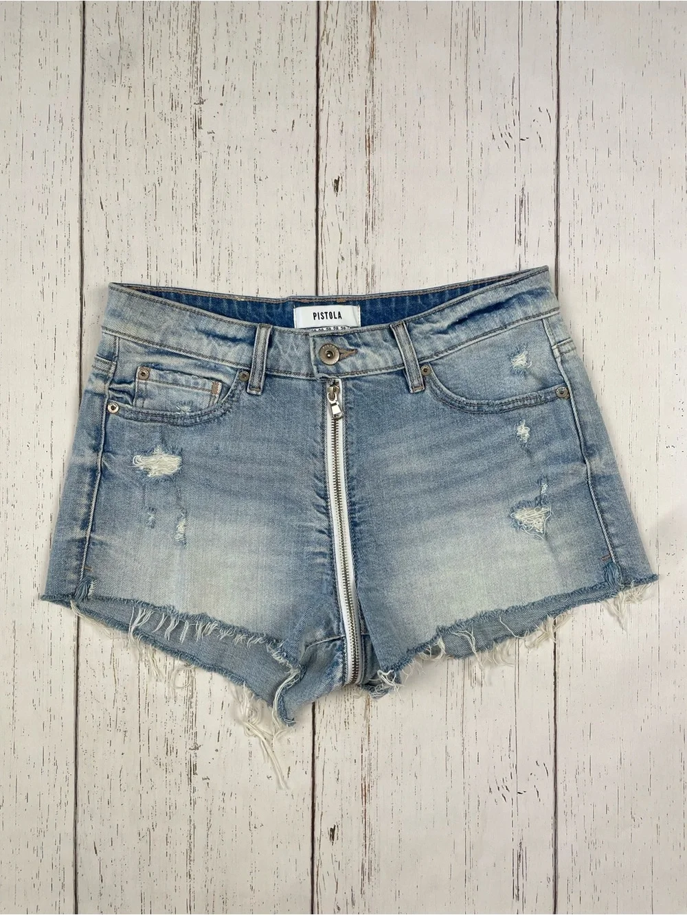 Pistola Denim Winston High Rise Distressed Full Zipper Denim Cut Off Shorts